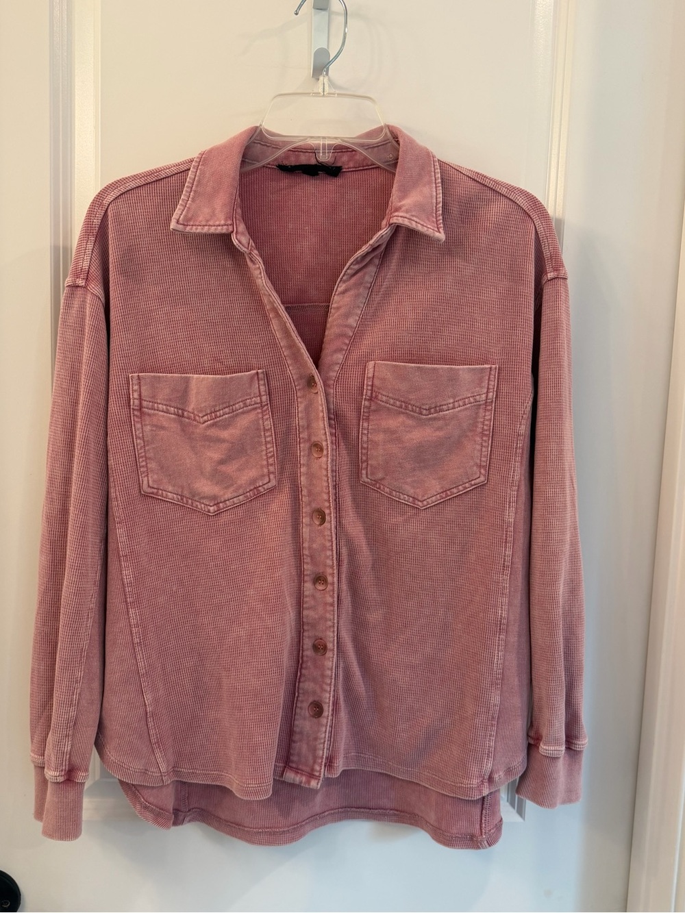 Jane + Delancey Mineral Wash Waffle Knit Button Up Shacket Rose Pink Small